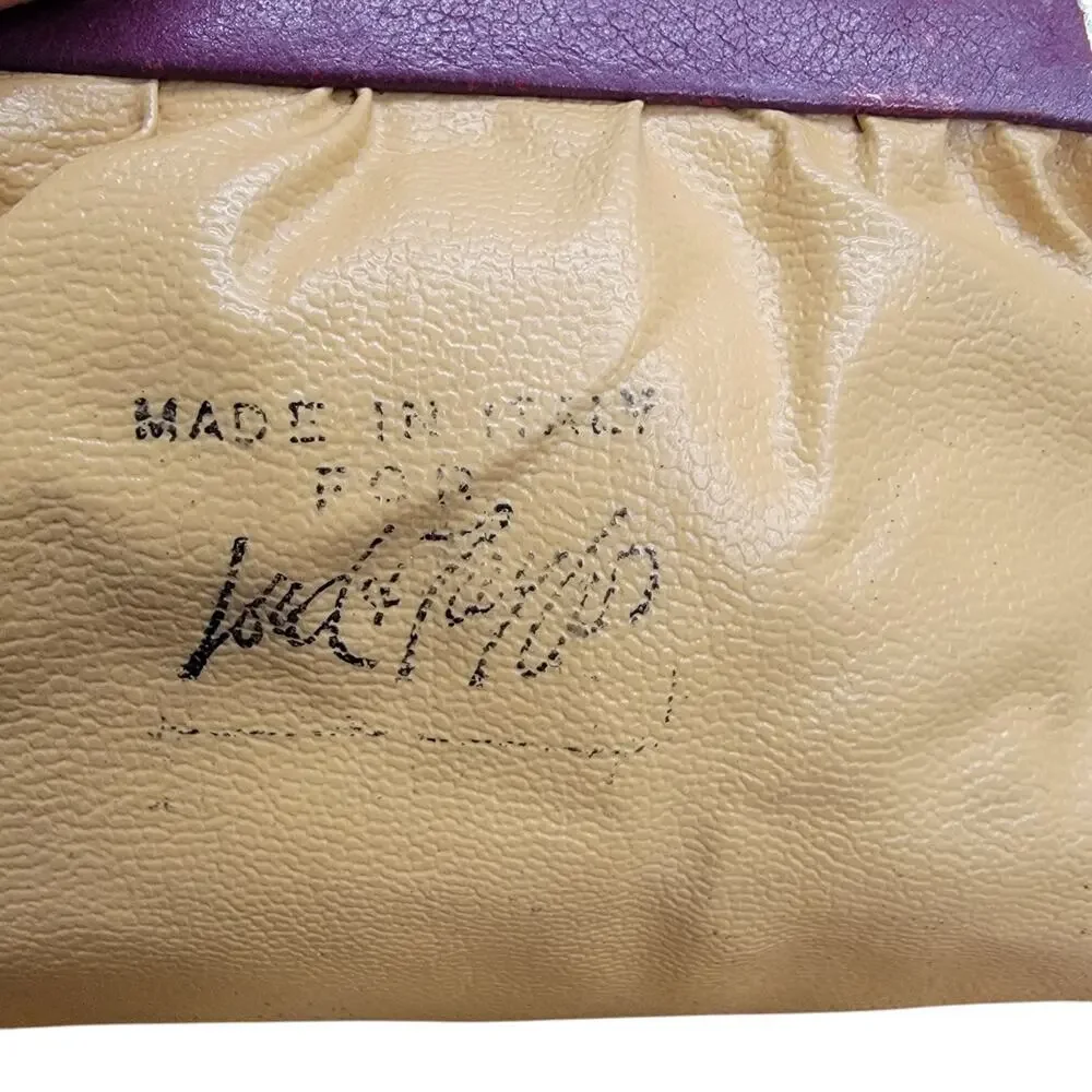 Vintage Lord & Taylor Plum Leather Clutch Bag Made in Italy Black Frame